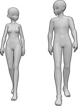Référence des poses- Femme homme pose de marche - Une femme et un homme d'animation marchent et se regardent.