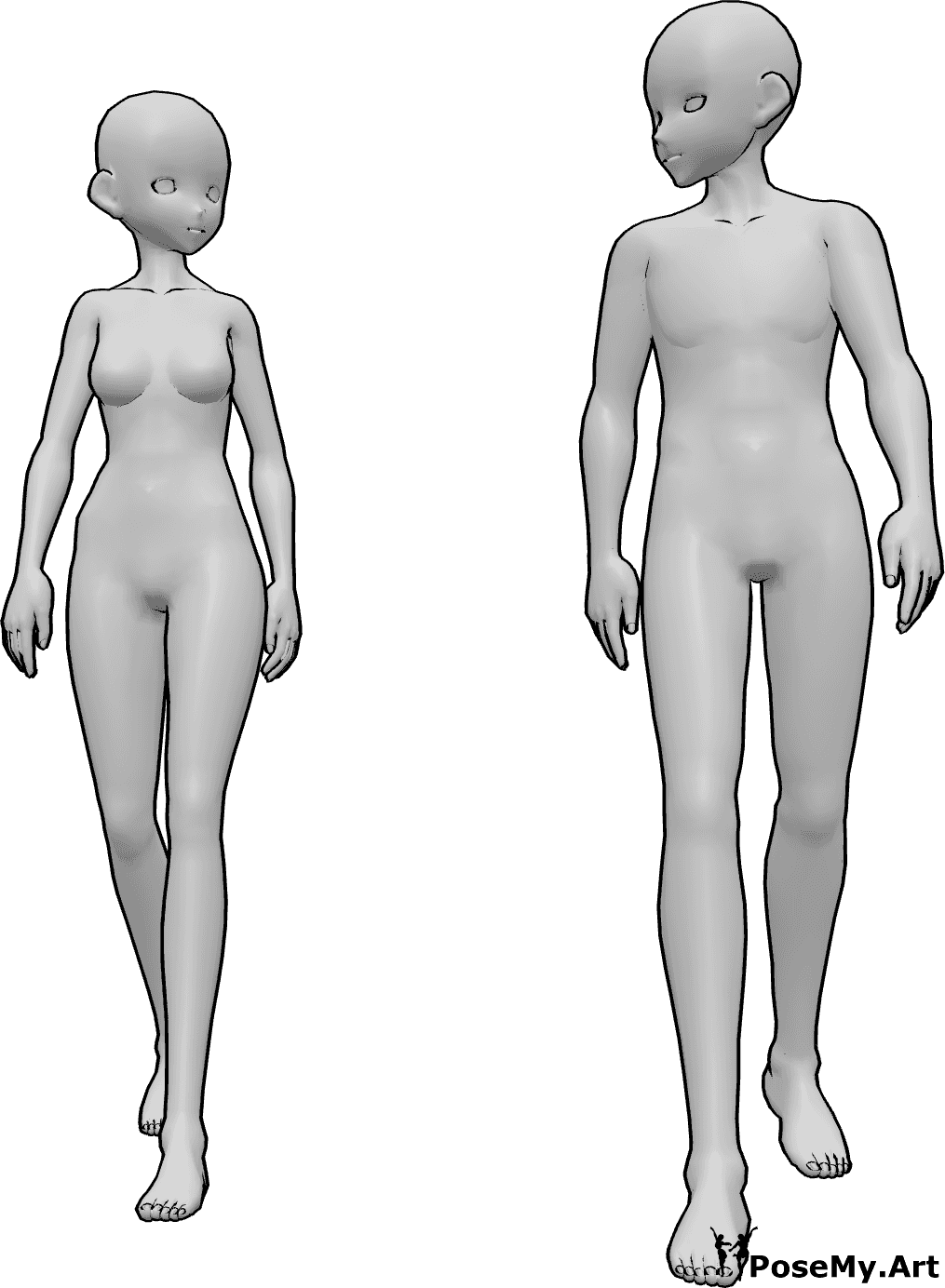 Riferimento alle pose- Posa femminile maschile a piedi - Una donna e un uomo che camminano e si guardano