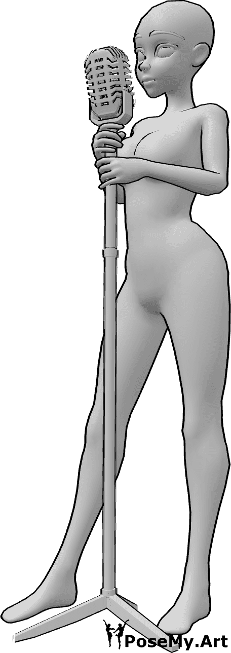 Pose Reference- Anime singing pose - Anime female is standing and singing, holding the microphone stand with both hands
