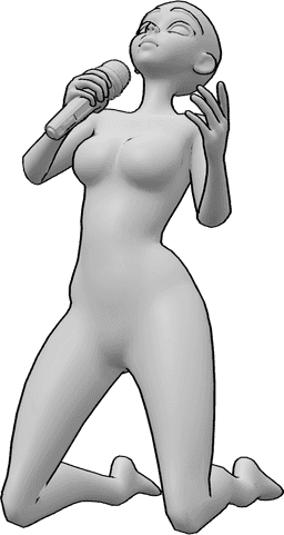Referencia de poses- Anime arrodillado cantando pose - Mujer anime está arrodillada y cantando, sosteniendo el micrófono en su mano derecha y mirando hacia arriba