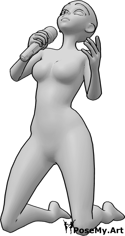 Référence des poses- Anime agenouillé chantant - Une femme animée est agenouillée et chante, tenant le microphone dans sa main droite et regardant vers le haut.