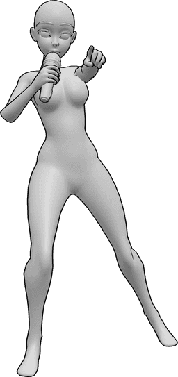 Referencia de poses- Postura dinámica para cantar anime - Mujer anime cantando, sujetando el micrófono con la mano derecha y señalando con el dedo índice.