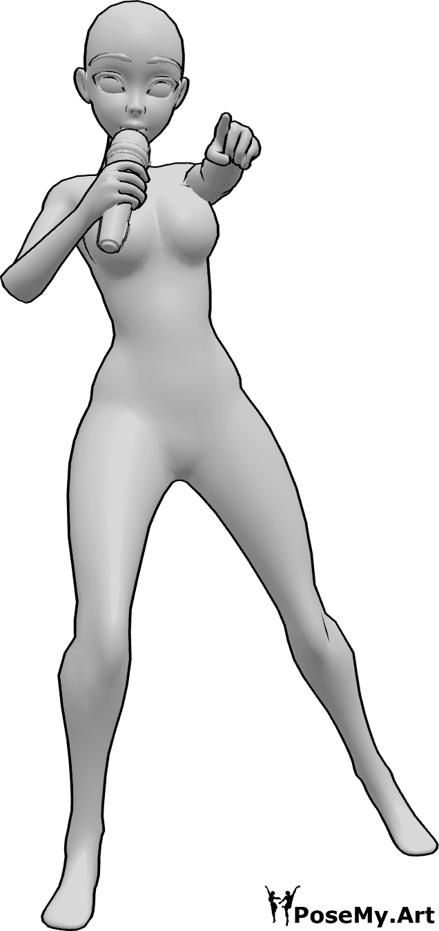 Referência de poses- Pose de canto dinâmico de anime - Uma mulher anime está a cantar, segurando o microfone com a mão direita e apontando com o dedo indicador