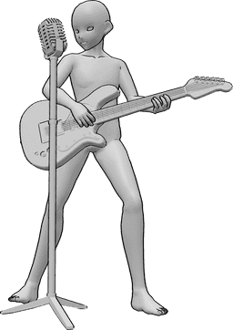 Referência de poses- Pose de canto com guitarra eléctrica - Homem anime de pé, a tocar guitarra eléctrica e a cantar, olhando para a direita