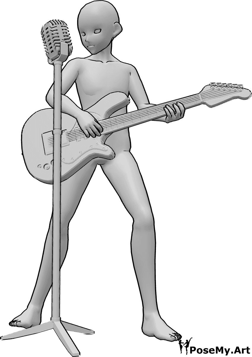 Referência de poses- Pose de canto com guitarra eléctrica - Homem anime de pé, a tocar guitarra eléctrica e a cantar, olhando para a direita