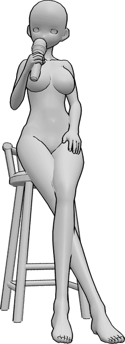 Referência de poses- Anime sentado a cantar pose - Uma mulher anime está sentada num banco de bar a cantar, segurando o microfone com a mão direita