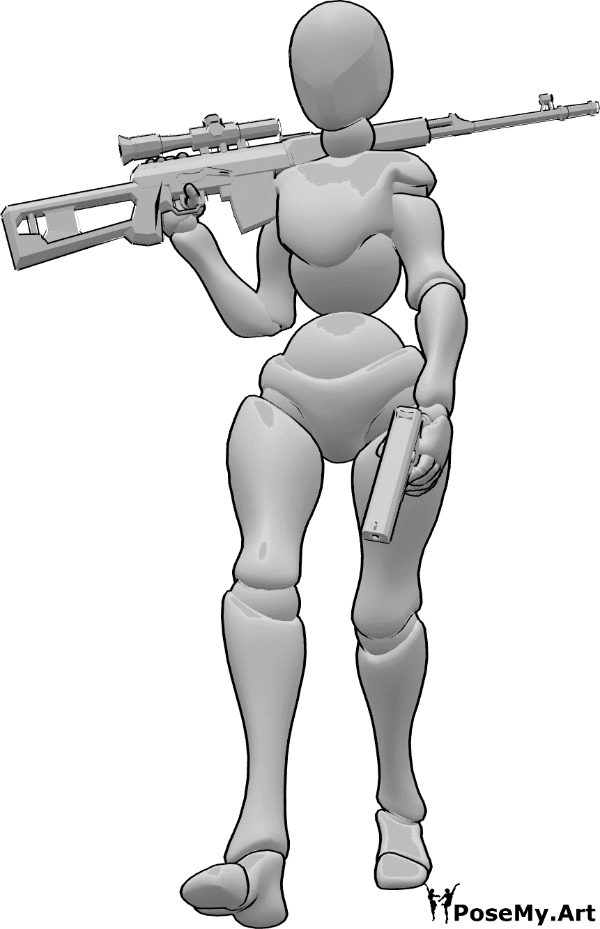 Referencia de poses- Femenino sosteniendo armas pose - Mujer caminando con dos pistolas posan