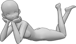 Pose Reference- Anime cute lying pose - Anime female is lying down, posing cutely with her hands, and bending her legs