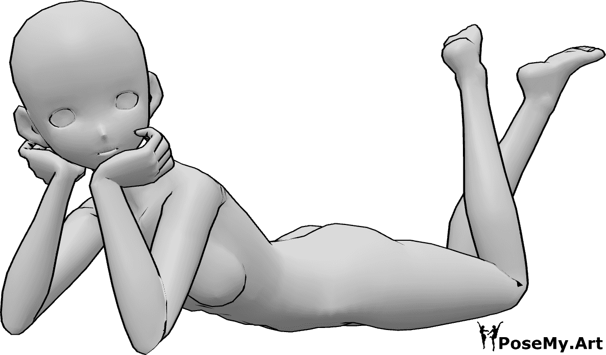 Referencia de poses- Anime lindo mentira pose - Una mujer anime está tumbada, posando con sus manos y doblando las piernas.
