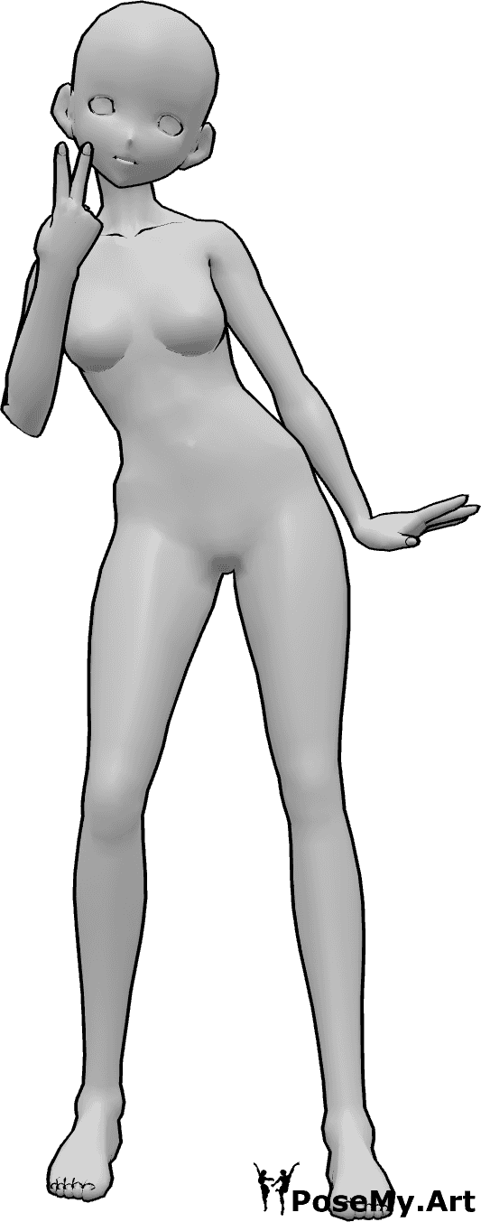 Référence des poses- Anime mignon en position debout - Une femme animée est debout, posant joliment, montrant un signe de paix avec sa main droite, légèrement penchée vers l'avant.