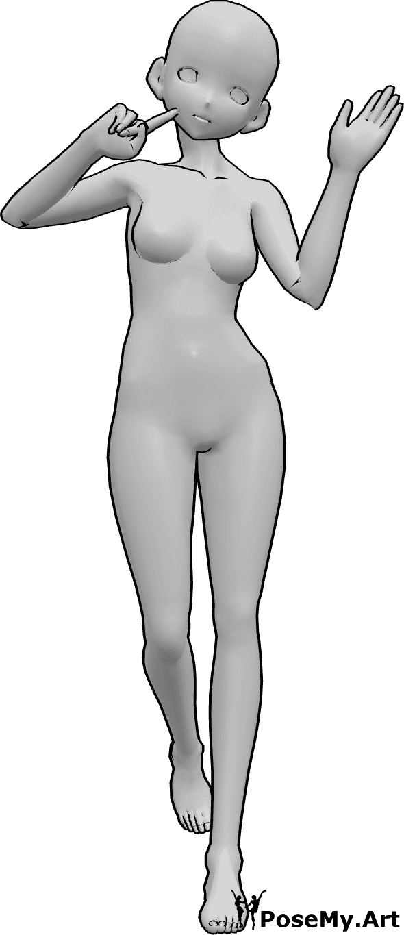 Posen-Referenz- Anime niedliche winkende Pose - Anime-Frau posiert niedlich, steht auf einem Bein und winkt mit der linken Hand