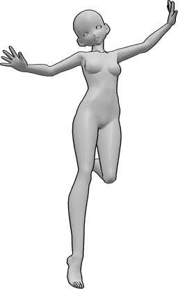Referência de poses- Pose de salto de anime - Mulher anime está a saltar alto e a levantar as mãos, pose de salto anime gira