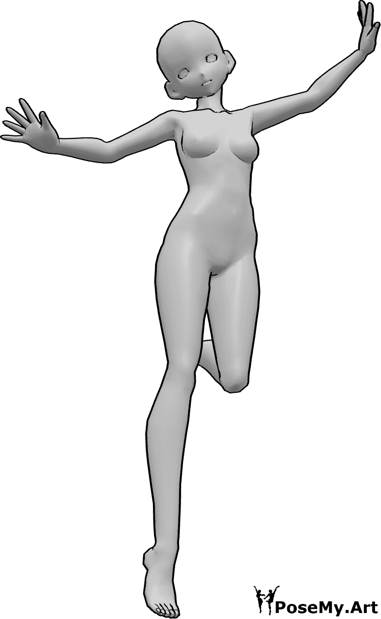 Referência de poses- Pose de salto de anime - Mulher anime está a saltar alto e a levantar as mãos, pose de salto anime gira