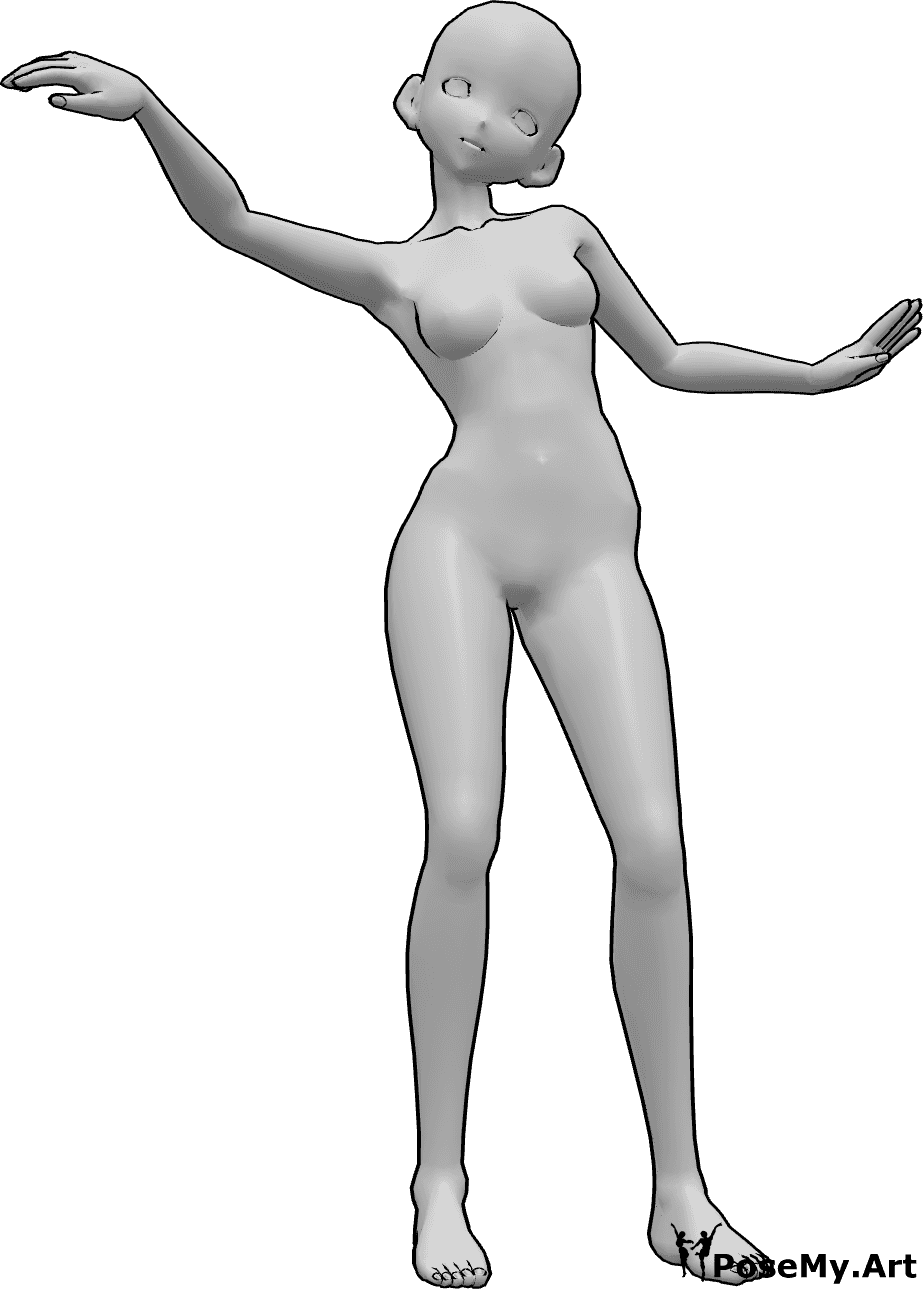 Referencia de poses- Anime lindo bailando pose - Anime femenina está bailando, posando lindo, levantando las manos en el aire, linda pose de baile