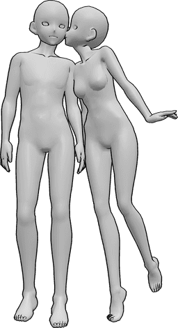 Posen-Referenz- Nettes Anime-Paar posieren - Das Anime-Männchen steht und das Weibchen gibt ihm einen süßen Überraschungskuss