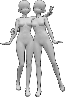 Referencia de poses- Anime lindo abrazo pose - Dos mujeres anime se abrazan y posan de forma tierna, mirando hacia delante.