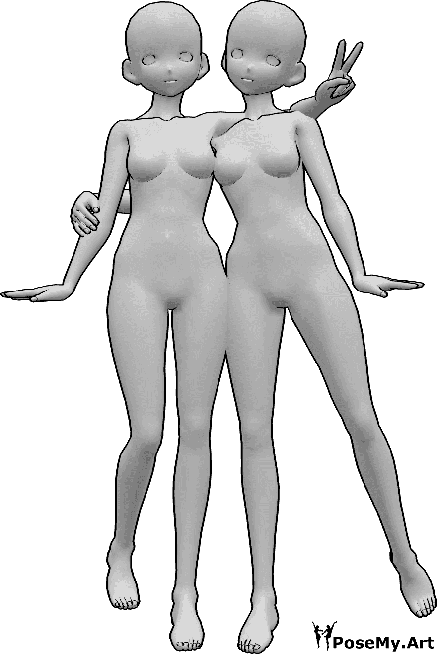 Référence des poses- Pose d'étreinte mignonne d'anime - Deux femmes animées se serrent l'une contre l'autre et prennent des poses mignonnes en regardant vers l'avant.