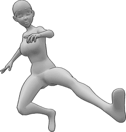 Referencia de poses- Postura de patada dinámica anime - Mujer anime está saltando y pateando en el aire con el pie izquierdo, pose de patada dinámica.