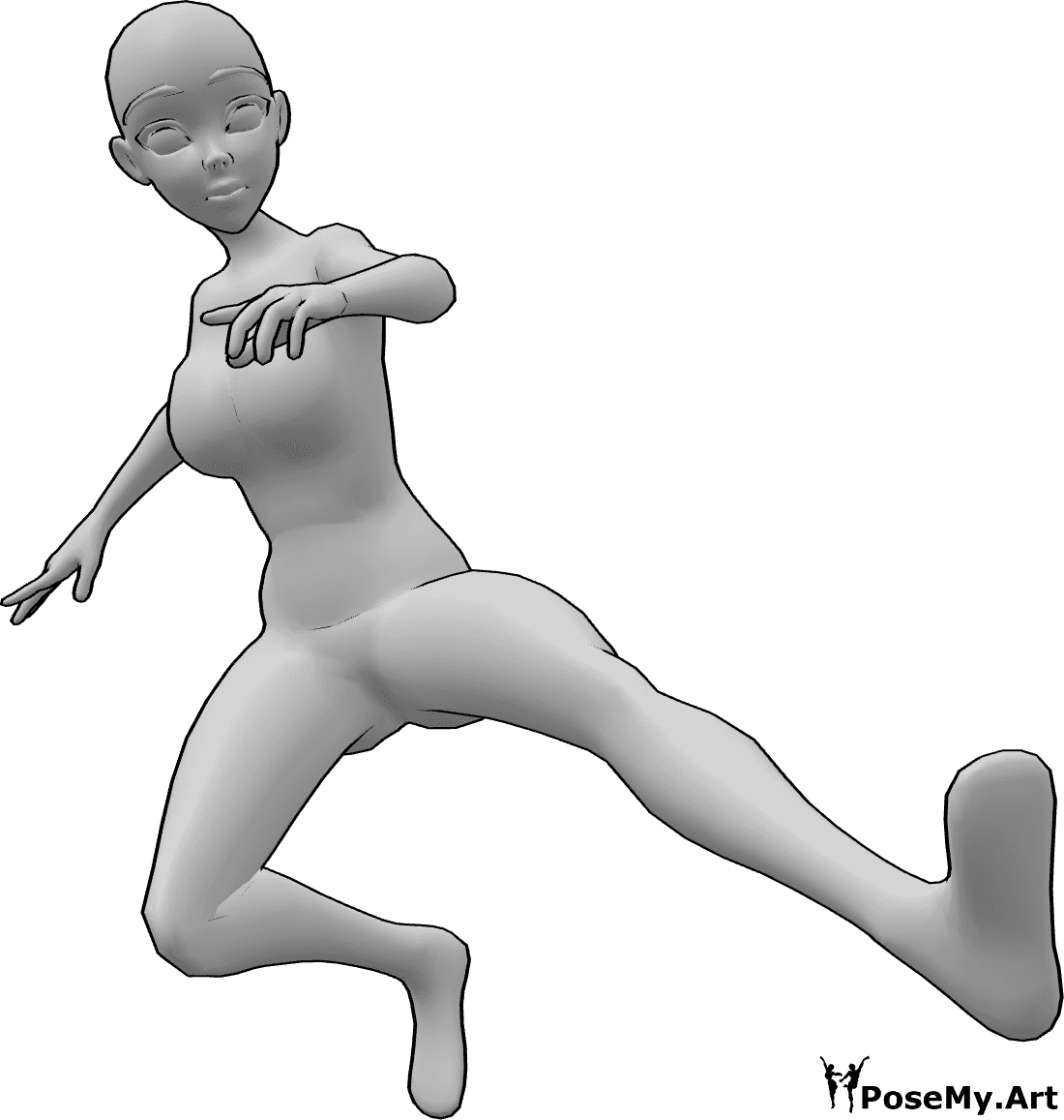Referencia de poses- Postura de patada dinámica anime - Mujer anime está saltando y pateando en el aire con el pie izquierdo, pose de patada dinámica.