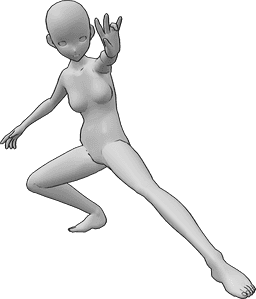 Referência de poses- Pose de lançamento de feitiço de anime - A mulher anime está agachada e lança um feitiço com a mão esquerda