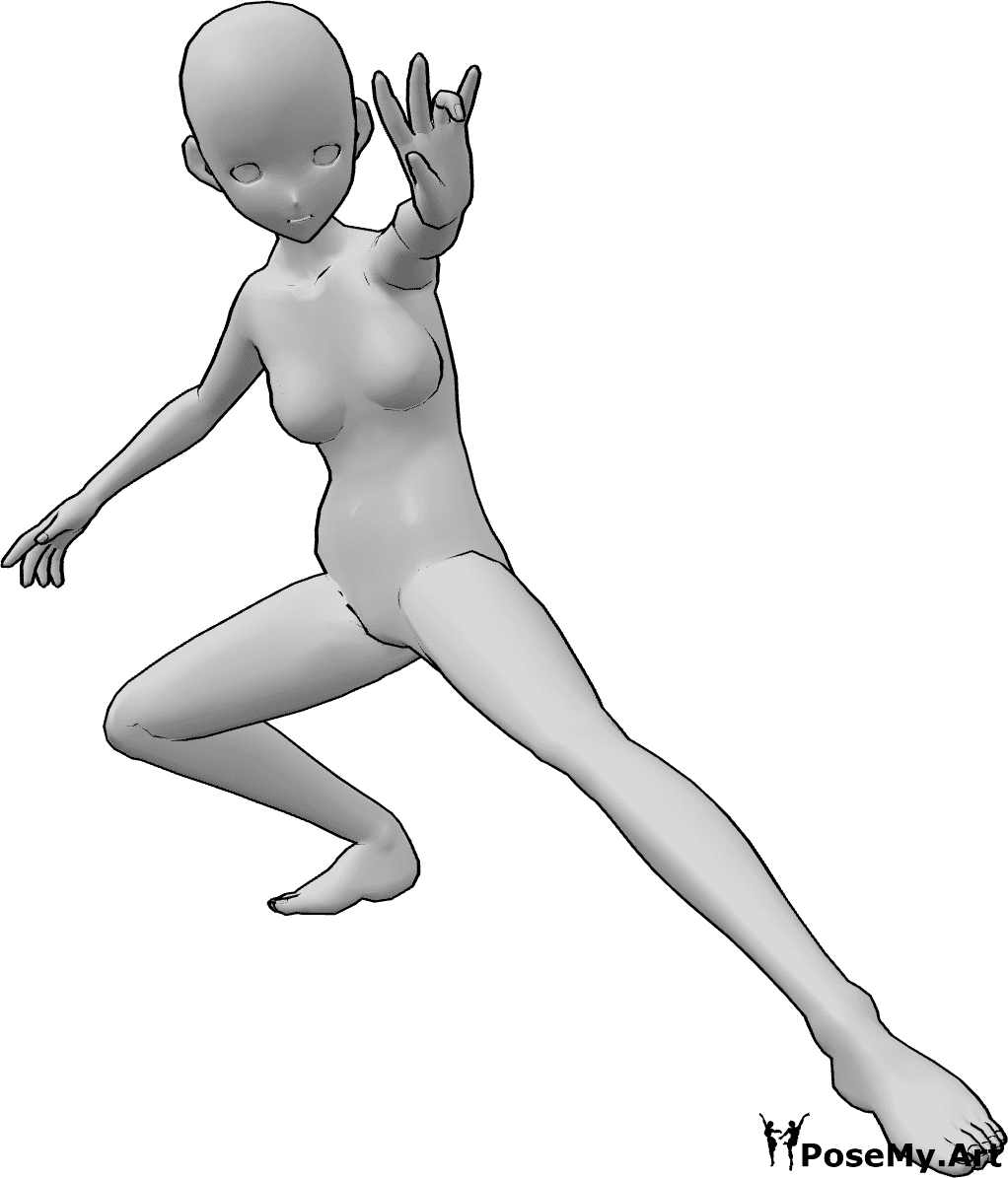 Référence des poses- Pose de lanceur de sorts Anime - Une femme animée est accroupie et jette un sort avec sa main gauche.