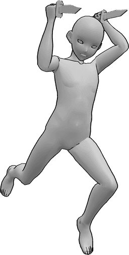 Referencia de poses- Postura de ataque dinámico anime - Anime masculino está saltando alto y atacando con dos dagas, pose de ataque dinámico