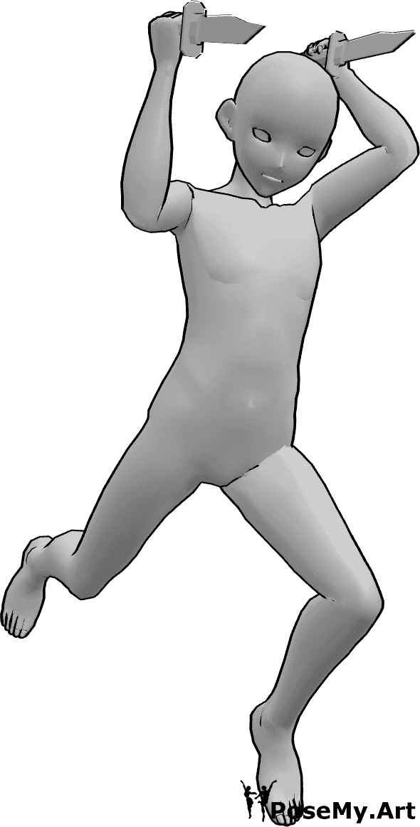 Posen-Referenz- Anime dynamische Angriffspose - Anime-Männchen springt hoch und greift mit zwei Dolchen an, dynamische Angriffspose
