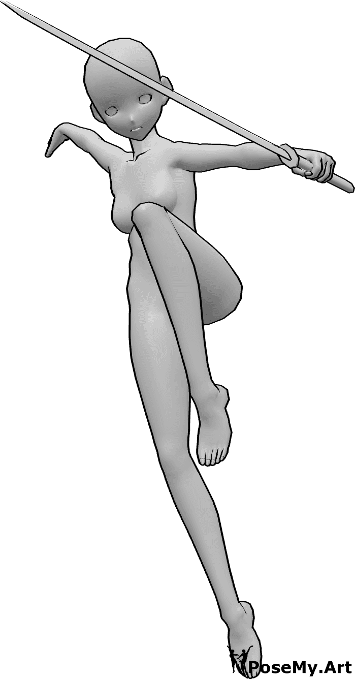 Référence des poses- Pose d'attaque d'une femme d'anime - Une femme animée saute haut et attaque avec un katana, pose d'attaque dynamique.