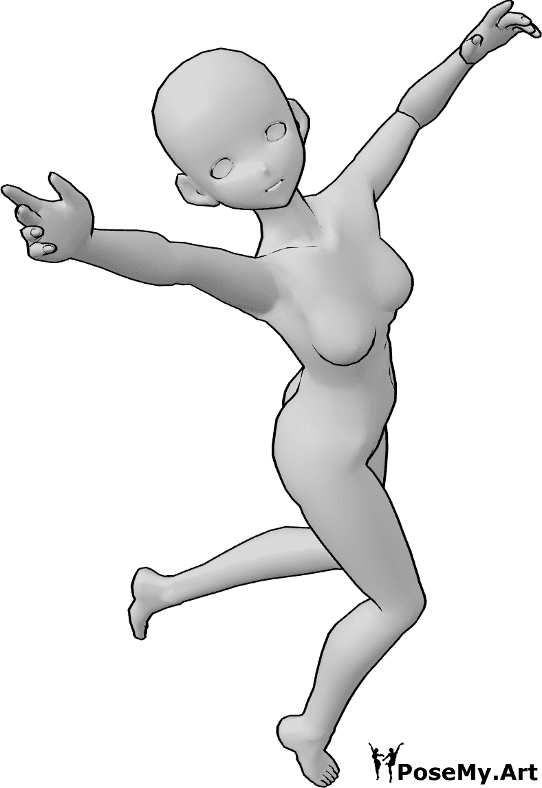 Référence des poses- Pose de chute d'une femme d'animation - La femme animée tombe d'une hauteur, regarde en l'air et tombe dans les profondeurs.
