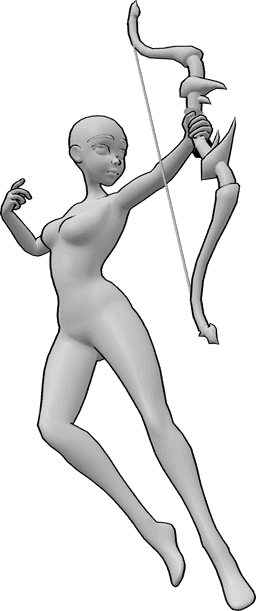 Référence des poses- Femme d'animation posant pour la prise de vue - Femme animée sautant haut et tirant à l'arc, pose de saut dynamique