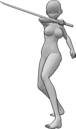 Référence des poses- Pose dynamique de l'arme blanche dans un film d'animation - Une femme d'animation poignarde avec le katana dans sa main droite, pose dynamique de poignardage.