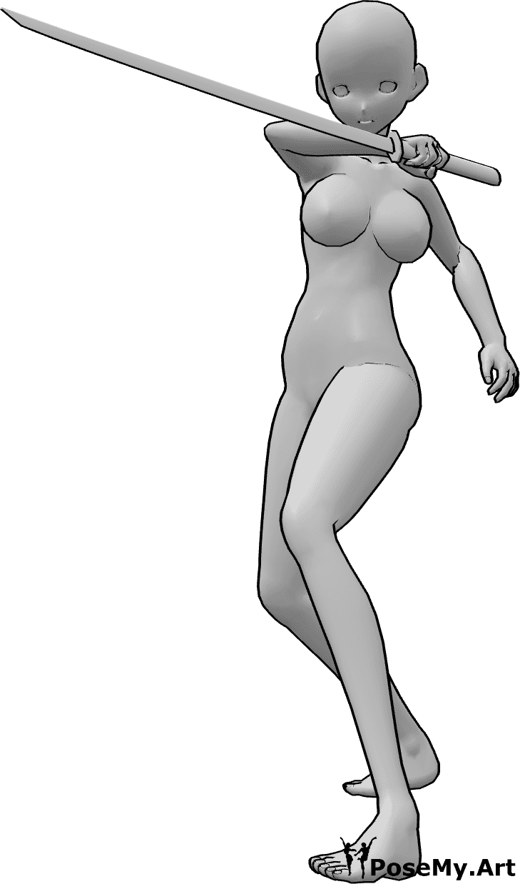 Referencia de poses- Postura de apuñalamiento dinámico anime - Mujer anime está apuñalando con la katana en su mano derecha, pose dinámica de apuñalamiento