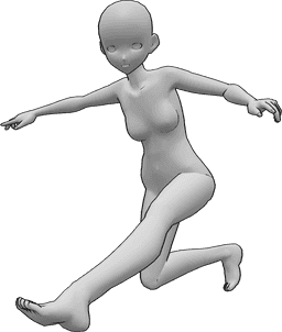 Referência de poses- Pose de aterragem dinâmica de anime - Mulher anime está a aterrar, equilibrando-se com as mãos e olhando para a frente