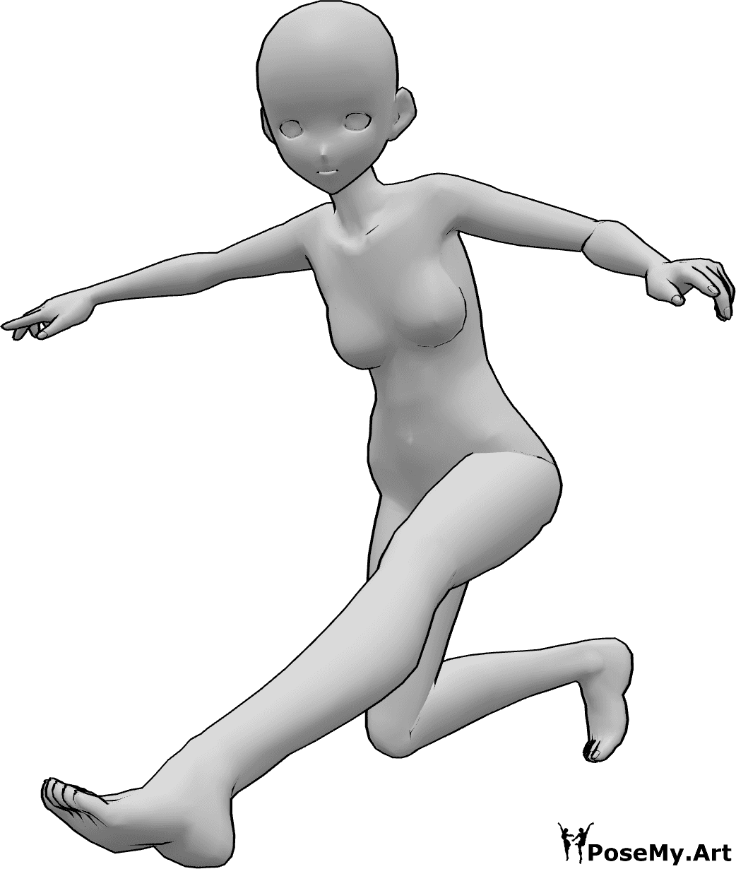 Referencia de poses- Postura dinámica de aterrizaje anime - Mujer anime está aterrizando, balanceándose con las manos y mirando hacia delante
