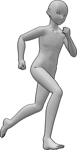 Posen-Referenz- Anime männlich laufen Pose - Anime-Männchen rennt, ballt die Hände zu Fäusten, schaut nach vorne