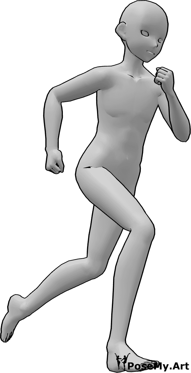 Référence des poses- Anime male running pose - L'homme animé court en serrant les poings et en regardant vers l'avant.
