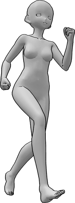 Référence des poses- Femme d'animation en train de courir - Une femme animée court en serrant les poings et en regardant vers l'avant.