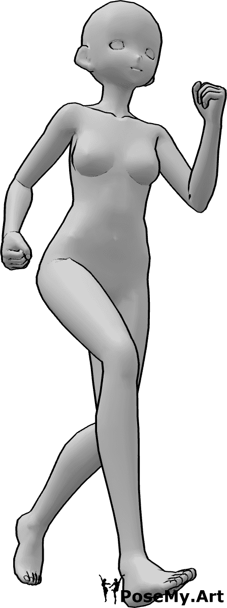 Riferimento alle pose- Posa di corsa femminile Anime - Una donna in carne e ossa sta correndo, stringendo le mani a pugno e guardando in avanti.