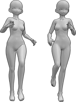 Posen-Referenz- Anime weibliche Jogging Pose - Zwei weibliche Anime-Joggerinnen joggen nebeneinander, mit Blick nach vorne, Anime-Jogging-Pose