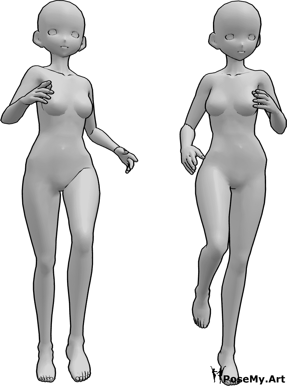 Pose Reference- Anime female jogging pose - Two anime females are jogging next to each other, looking forward, anime jogging pose