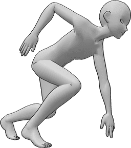 Référence des poses- Anime running starting pose - L'homme animé est sur le point de commencer à courir, il regarde vers l'avant et se prépare.