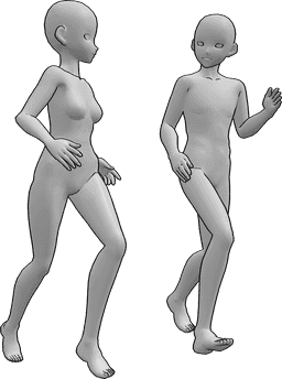 Referência de poses- Pose de corrida de homem e mulher - A mulher e o homem de anime estão a correr juntos e a olhar um para o outro