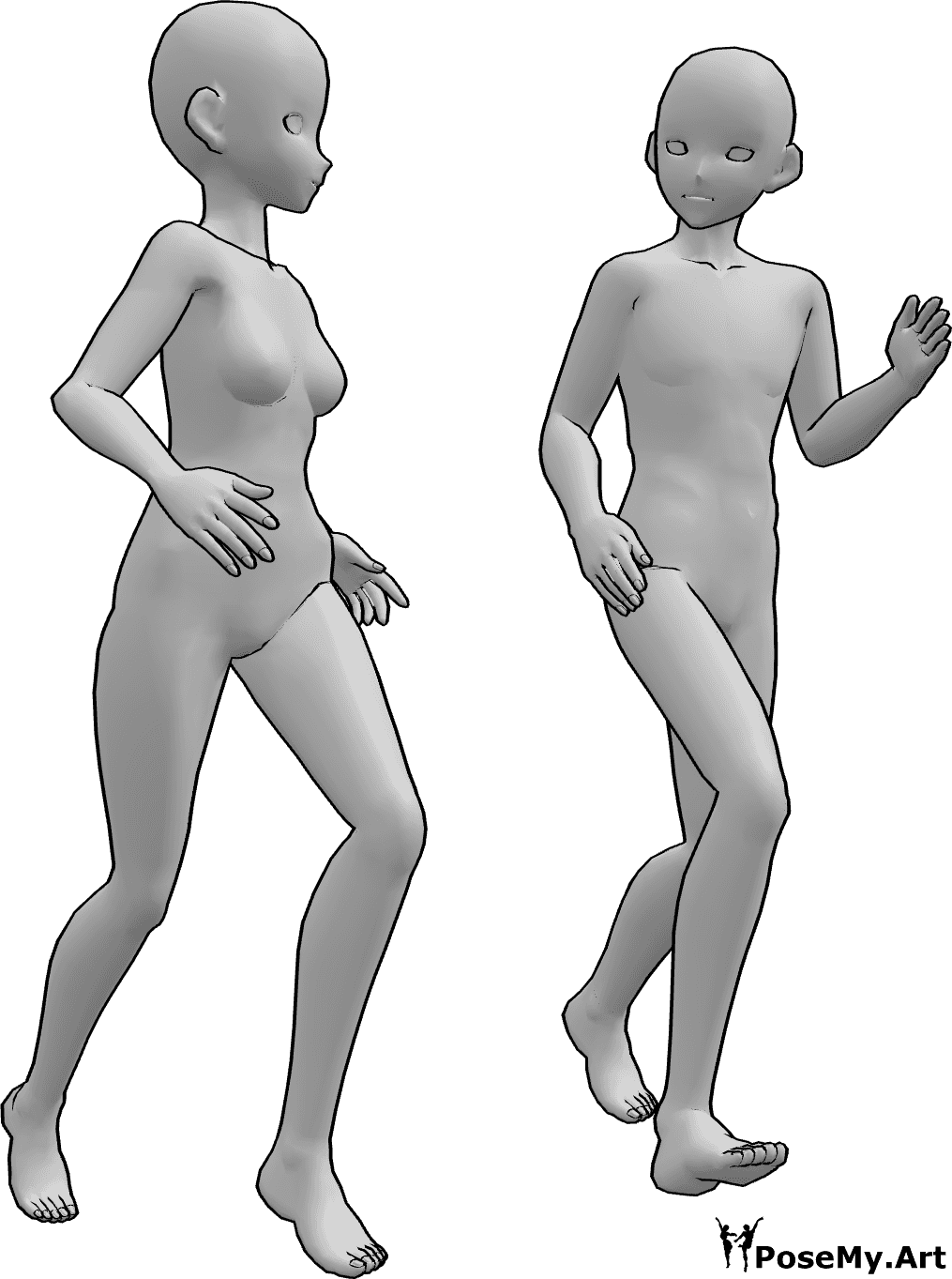 Referência de poses- Pose de corrida de homem e mulher - A mulher e o homem de anime estão a correr juntos e a olhar um para o outro