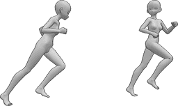 Référence des poses- Pose de course à pied et de poursuite d'un animal d'animation - Deux femmes animées courent, l'une poursuit l'autre, qui regarde en arrière tout en s'enfuyant.