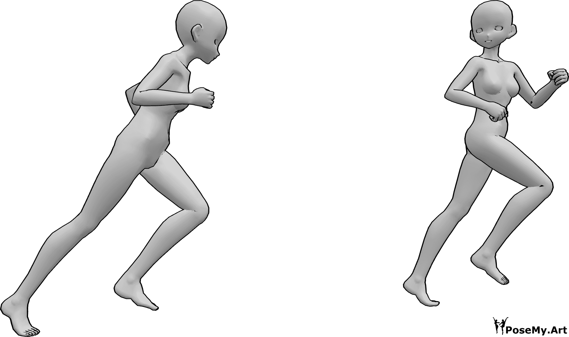 Posen-Referenz- Anime läuft jagende Pose - Zwei Anime-Frauen rennen, eine jagt die andere, die zurückschaut, während sie wegläuft