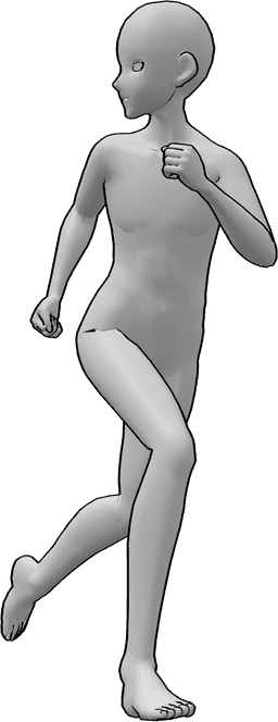 Posen-Referenz- Laufende Rückschau-Pose - Anime-Männchen schaut beim Laufen zurück, seine Hände sind zu Fäusten geballt