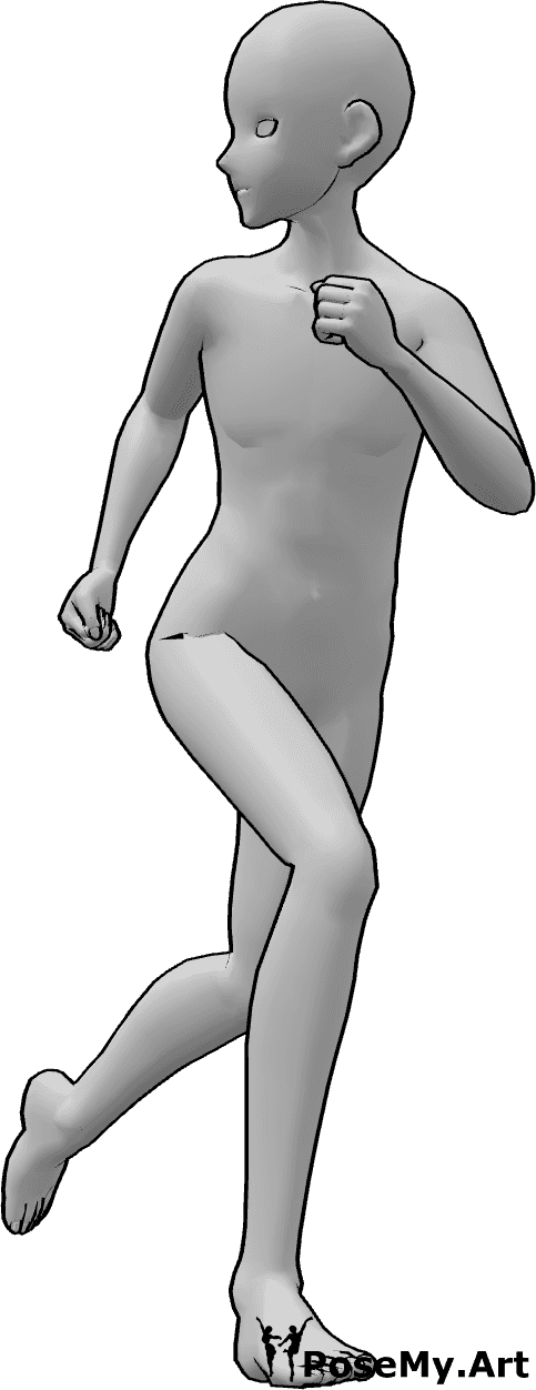 Posen-Referenz- Laufende Rückschau-Pose - Anime-Männchen schaut beim Laufen zurück, seine Hände sind zu Fäusten geballt