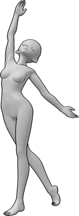 Referencia de poses- Postura de estiramiento anime - Mujer anime está de pie. mirando hacia arriba y estirando su mano derecha en alto