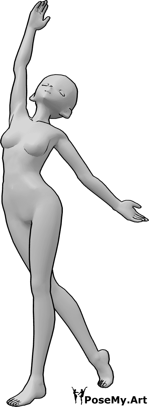 Referencia de poses- Postura de estiramiento anime - Mujer anime está de pie. mirando hacia arriba y estirando su mano derecha en alto