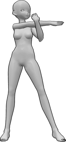 Referência de poses- Pose de alongamento de braços de anime - A mulher anime está de pé com os braços cruzados, esticando-se e olhando para a esquerda
